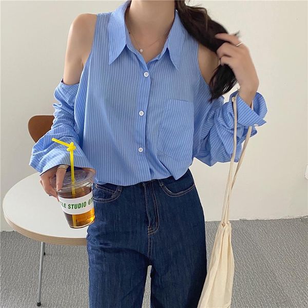 women's blouses & shirts all match boyfriend style blouse women off shoulder long sleeve stripe chic korean vintage blusas mujer, White